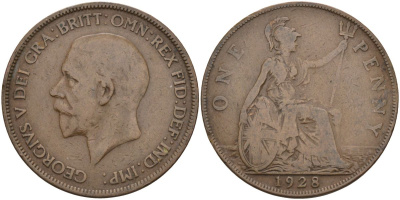 Великобритания 1 пенни 1928 Георг V (1910-1936), гнутая KM 838, Spink 4055 бронза 4117-816