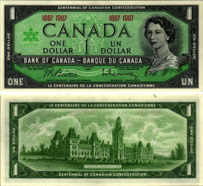 КАНАДА 1 ДОЛЛАР 1967 ЕЛИЗАВЕТА II, 100 ЛЕТ КОНФЕДЕРАЦИИ (1867-1967), ЗДАНИЕ ПАРЛАМЕНТА Pick 84a бумага UNC (ПРЕСС) 7221-63-2