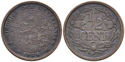 Нидерланды 1/2 цента 1928 Вильгельмина (1890-1948) KM 138 бронза 4576-513