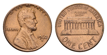 США 1 цент 1962 D, Линкольн KM 201 медь цинк 4627-546