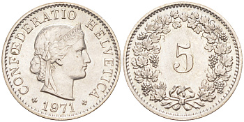 Швейцария 5 раппенов 1971 KM 26 медно-никель 4547-728