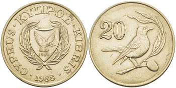 КИПР 20 ЦЕНТОВ 1988 ПТИЧКА KM 57.2 никель латунь 175-747