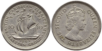 Британские Восточно-Карибские территории 10 центов 1961 Елизавета II (1952-2022), парусник KM 5 медно-никель 4387-849