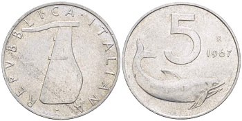 ИТАЛИЯ 5 ЛИР 1967 R, ДЕЛЬФИН, РУЛЬ KM 92 алюминий 4514-1027