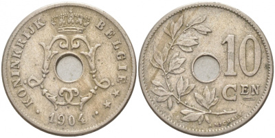 БЕЛЬГИЯ 10 САНТИМОВ 1904 BELGIE KM 53 медно-никель 68-221