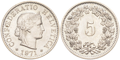 Швейцария 5 раппенов 1971 KM 26 медно-никель 4547-728