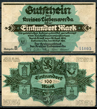 Германия, Либенверда 100 марок 1922 нотгельд, 16.09.1922, серия B, 5 цифр в номере M. 2720.3 бумага UNC (пресс) 00-00