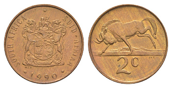 ЮАР 2 цента 1990 герб, антилопа гну KM 83 бронза UNC 4621-167