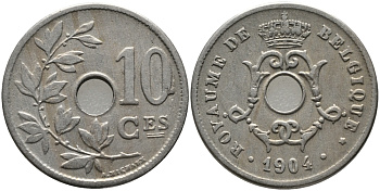 БЕЛЬГИЯ 10 САНТИМОВ 1904 BELGIQUE KM 52 медно-никель 4380-255