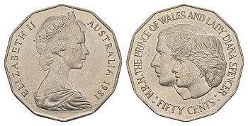 Австралия 50 центов 1981 Свадьба Принца Чарльза и Леди Дианы KM 72 медно-никель UNC 81-733