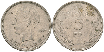 Бельгия 5 франков 1937 Belgique, Леопольд III (1934-1951) KM 108 никель 4140-422