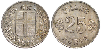 Исландия 25 эйре 1967 KM 11 медно-никель 4596-1114