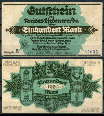 Германия, Либенверда 100 марок 1922 нотгельд, 16.09.1922, серия B, 5 цифр в номере M. 2720.3 бумага UNC (пресс) 00-00