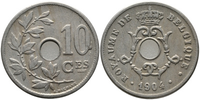 БЕЛЬГИЯ 10 САНТИМОВ 1904 BELGIQUE KM 52 медно-никель 4380-255