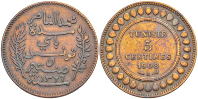 ТУНИС 5 САНТИМОВ 1908 АН1336, MUHAMMAD al-NASIR BEY KM 235 бронза 4523-751