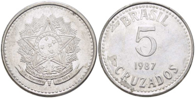 Бразилия 5 крузадо 1987 реформа (1986-1989) KM 606 нержавеющая сталь 33-1151