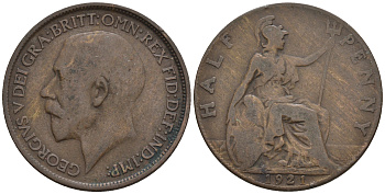 Великобритания 1/2 пенни 1921 Георг V (1910-1936) KM 809, Spink 4056 бронза 4610-643