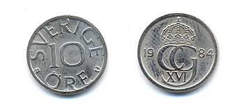 Швеция 10 эре 1984 Карл XVI Густав (1973- ) KM 850 медно-никель 51-5226