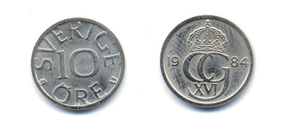Швеция 10 эре 1984 Карл XVI Густав (1973- ) KM 850 медно-никель 51-5226