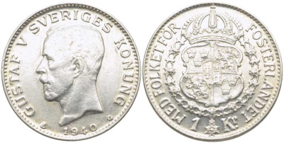 Швеция 1 крона 1940 G, Густав V (1907-1950) KM 786.2 серебро 119-1112