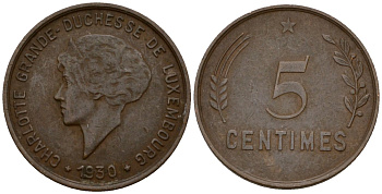 Люксембург 5 сантимов 1930 Шарлотта (1918-1964) KM 40 бронза 4602-417