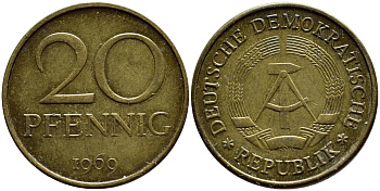 ГДР 20 пфеннигов 1969 А, первый год KM 11 латунь UNC 4397-445
