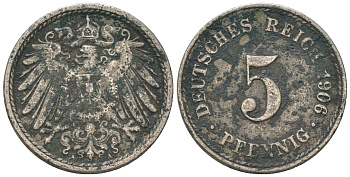 Германия 5 пфеннигов 1906 A, KM 11, J. 12 медно-никель 4385-639