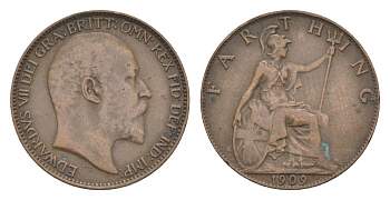Великобритания 1 фартинг 1909 Эдуард VII (1901-1910) KM 792, Spink 3992 бронза 4630-221