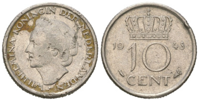 Нидерланды 10 центов 1948 Вильгельмина (1895-1948) KM 177 никель 4173-112
