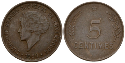 Люксембург 5 сантимов 1930 Шарлотта (1918-1964) KM 40 бронза 4602-417