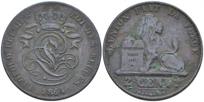 БЕЛЬГИЯ 2 САНТИМА 1864 BELGES KM 4.2 медь 4448-711