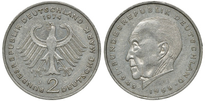 ФРГ 2 марки 1974 J, Конрад Аденауэр KM 124, J. 406 медно-никель плакированный никелем UNC 4681-1055