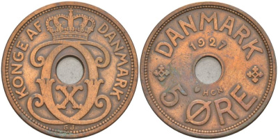 Дания 5 эре 1927 N; GJ, Кристиан X (1912-1947) KM 828.2 бронза 69-531