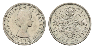Великобритания 6 пенсов 1959 Елизавета II (1952-2022) KM 903, Spink 4149 медно-никель 4651-1158