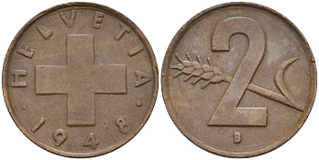 Швейцария 2 раппена 1948 В KM 47 бронза 4591-147