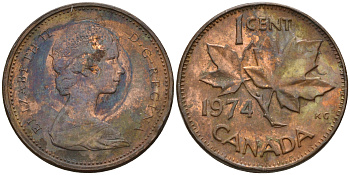 Канада 1 цент 1974 Елизавета II (1952-2022), кленовый лист KM 59.1 бронза    4602-567