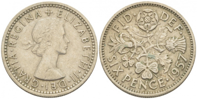 Великобритания 6 пенсов 1957 Елизавета II (1952-2022) KM 903, Spink 4149 медно-никель 214-1063
