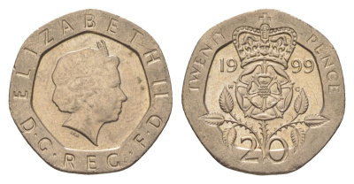 Великобритания 20 пенсов 1999 Елизавета II (1952-2022) KM 990, Spink 4630 (G3) медно-никель aUNC 4627-654
