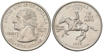 США 25 центов = квотер = 1/4 доллара 1999 P, квотер штата Делавэр KM 293 медь плакированная медно-никелем UNC 190-1257