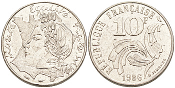 ФРАНЦИЯ 10 ФРАНКОВ 1986 РЕСПУБЛИКА KM 959 никель 106-257