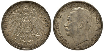 Баден 3 марки 1914 Фридрих II (1907-1918) J. 39, KM 280 серебро    3711-1741