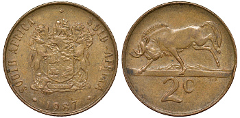 ЮАР 2 цента 1987 герб, антилопа гну KM 83 бронза 4163-1016