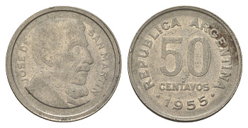 Аргентина 50 сентаво 1955 генерал Хосе де Сан Мартин KM 49 сталь плакированная никелем 4628-925