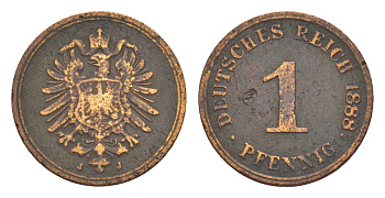 Германия 1 пфенниг 1888 J, Вильгельм I (1871-1888) KM 1, J. 1 медь 4164-226