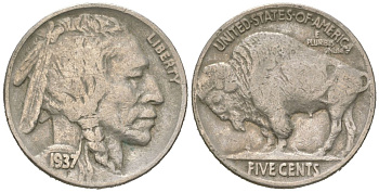 США 5 центов 1937 индеец, бизон KM 134 медно-никель 4614-1269