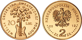 Польша 2 злотых 2012 MW, 20 лет благотворительному Рождественскому оркестру KM 809 нордик UNC 4676-915