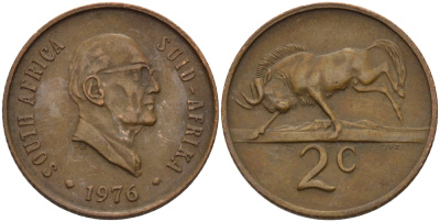 ЮАР 2 ЦЕНТА 1976 ПРЕЗИДЕНТ ЯКОБУС ЙОХАННЕС ФУШЕ, АНТИЛОПА ГНУ KM 92 бронза 67-321