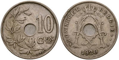 Бельгия 10 сантимов 1928 Король Альберт I (1910 - 1934) KM 86 медно-никель 190-233