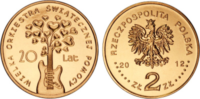 Польша 2 злотых 2012 MW, 20 лет благотворительному Рождественскому оркестру KM 809 нордик UNC 4676-915