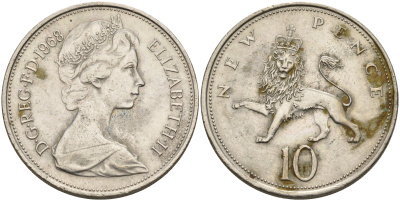 Великобритания 10 пенсов 1968 Елизавета II (1952-2022) KM 912, Spink 4231 (F1) медно-никель 4599-1122
